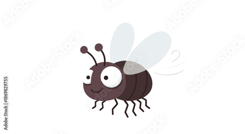 A cute and funny cartoon fly with big googly eyes and transparent wings is buzzing in the air on a white background.