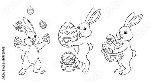 A delightful Easter coloring page featuring three cartoon bunnies playing with decorated eggs juggling and carrying baskets of them.