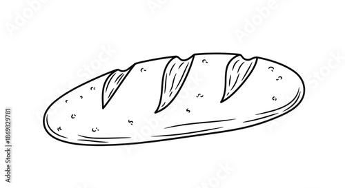 A simple black and white line art sketch of a crusty loaf of bread or a baguette for a bakery or food illustration.