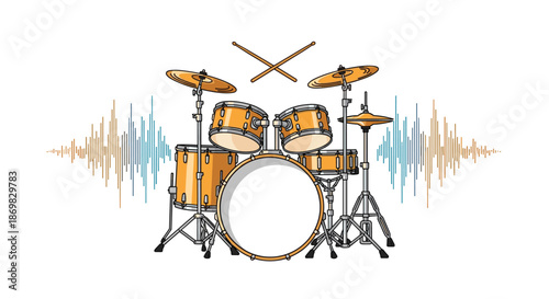 A complete yellow drum kit with cymbals and crossed drumsticks is ready for a rock performance with sound waves in the background.