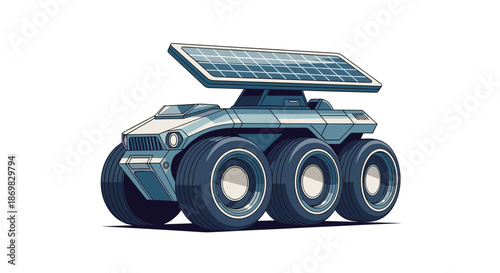 A futuristic six-wheeled moon or mars rover exploration vehicle equipped with a large solar panel for sustainable energy.