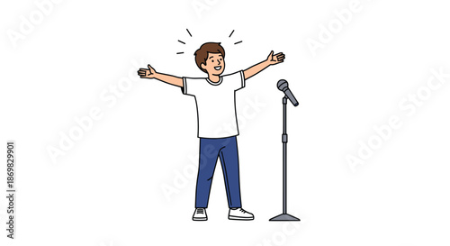 A happy young boy stands triumphantly at a microphone with his arms wide open ready to sing or give a speech on stage.