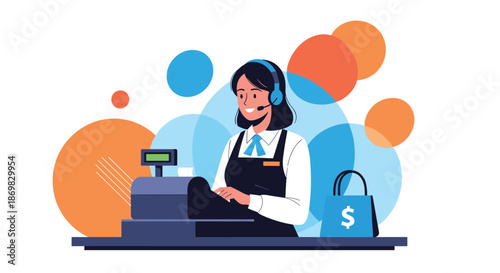 A friendly female cashier with a headset smiles while working at a cash register in a retail store or call center.