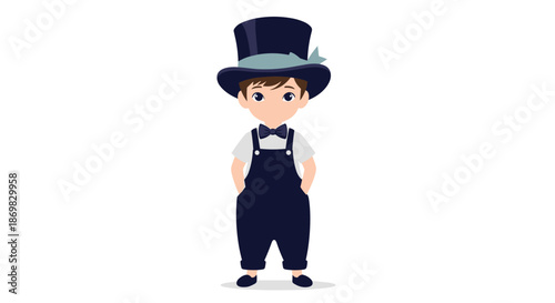 A dapper little boy dressed in a formal top hat a bow tie and cute overalls stands with his hands in his pockets.