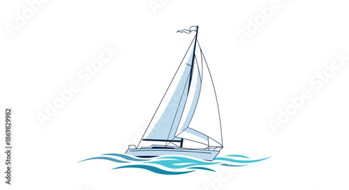 A modern sailboat with full white sails glides across stylized blue ocean waves in a clean and simple vector illustration.