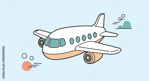 Stylized passenger airplane flying through a light blue sky with minimalist clouds and motion lines in a cute cartoon illustration.