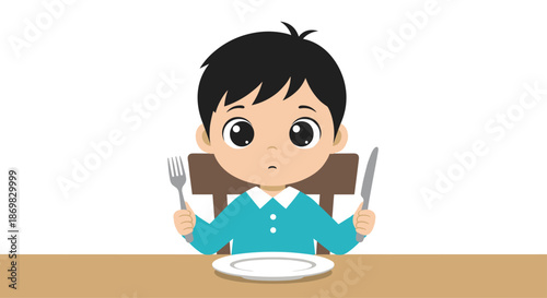 A hungry young boy with big sad eyes sits at a table with an empty plate holding a knife and fork waiting for food.