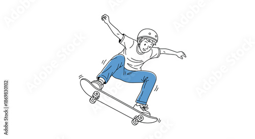 Young man in a helmet performing an airborne trick on his skateboard in a dynamic black and white line art illustration.