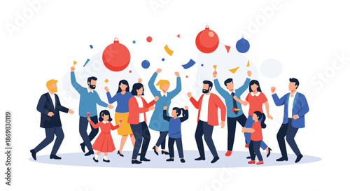 Diverse group of happy friends and family with children celebrating a festive holiday party together with confetti and joy.