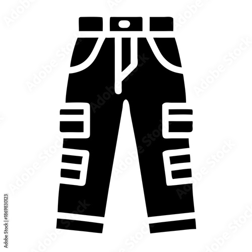 A simple black icon of cargo pants representing casual wear and utility fashion