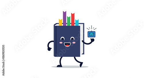 Cute walking book character with colorful bookmarks holding up a notification icon representing a new message or email alert.