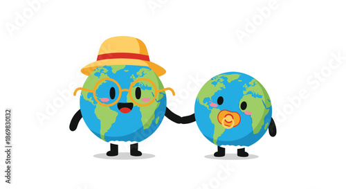 Cute cartoon Earth characters representing a parent and child holding hands to symbolize generational environmental care.