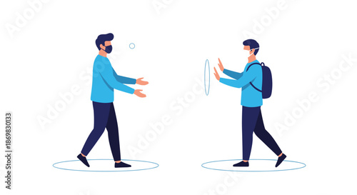 Two men wearing face masks practicing social distancing to prevent the spread of coronavirus as a public health measure.