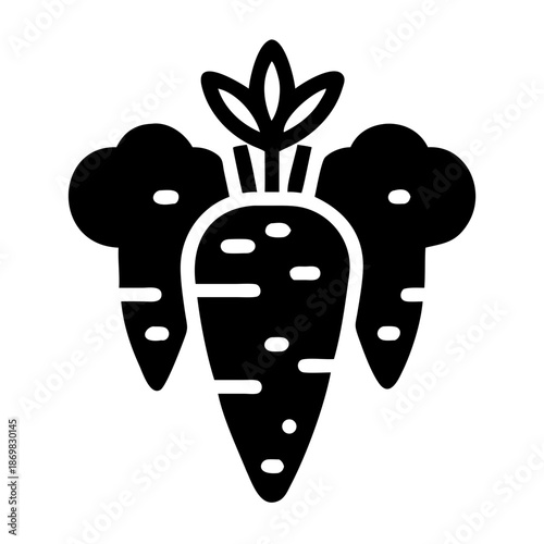 Healthy and fresh carrot vegetables with green leaves, essential for a balanced diet icon