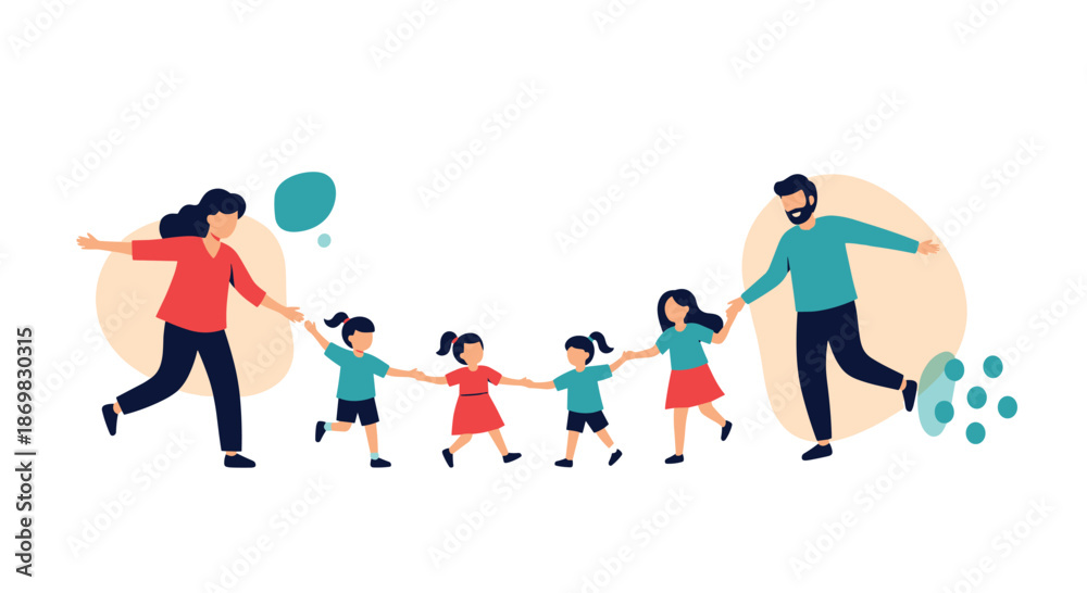 Fototapeta premium Happy family with a mother father and four children holding hands and playing together in a joyful flat vector illustration.