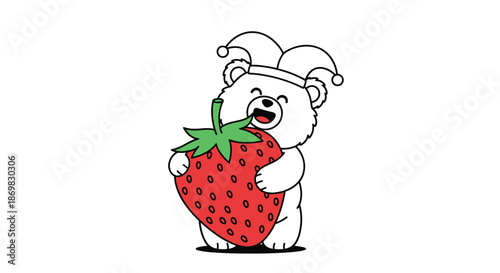 Cute and funny cartoon polar bear wearing a jester hat happily hugging and eating a giant juicy red strawberry illustration.