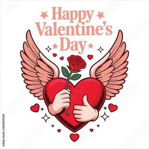 Happy Valentine’s Day Winged Heart Holding Rose Romantic Love Vector T-Shirt Design.