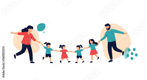 Happy family with a mother father and four children holding hands and playing together in a joyful flat vector illustration.
