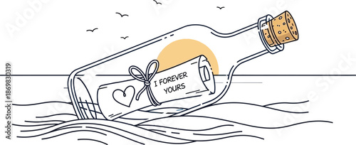 Romantic message in a bottle floating on ocean waves at sunset