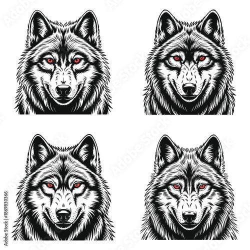 Four menacing wolf heads with glowing red eyes in a black and white illustration style.