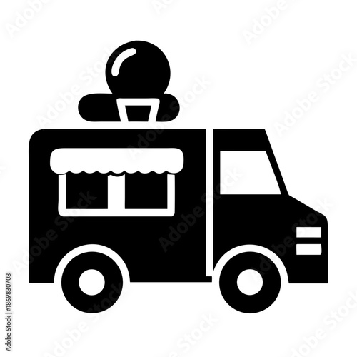 Simple black icon of a classic ice cream truck with a large cone on the roof