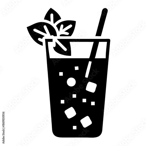 Cooling beverage icon featuring a tall glass with ice, a straw, and fresh mint garnish