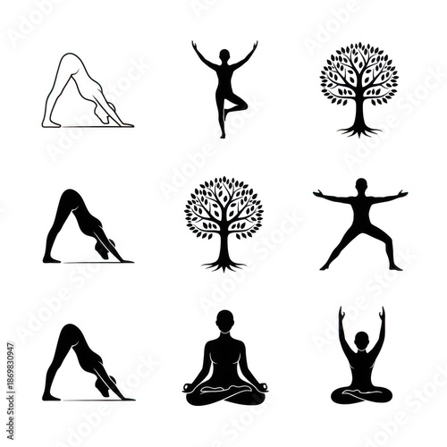 Collection of abstract geometric and tree icons simple line art transparent background