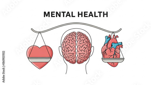 Mental health balance concept with brain and heart on scales