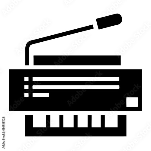A simple black silhouette icon depicting a modern lectern or podium with an attached microphone