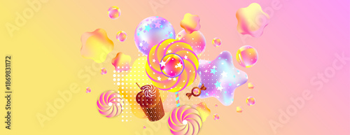 Background for the holiday Gimme Gummy Sweet. Pink and orange kawaii background. Illustrations of Festive balloons