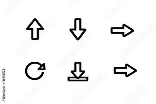 Action vector icon set featuring directional arrows and common interface actions. Black flat icons ideal for dashboards, mobile apps and digital interfaces.