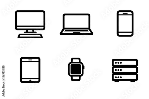 Technology devices vector icon set featuring desktop, laptop and mobile hardware icons. Black flat icons ideal for dashboards, SaaS tools and web interfaces.