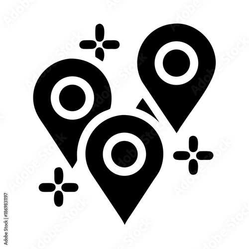 Multiple shiny location markers on a map representing important or highlighted places