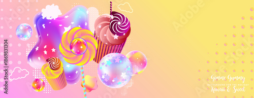 Background for the holiday Gimme Gummy Sweet. Pink and orange kawaii background. Illustrations of Festive balloons