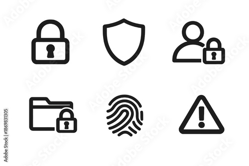 Data protection and security vector icon set featuring authentication, access control and privacy icons. Black flat icons ideal for SaaS tools, dashboards and web interfaces.