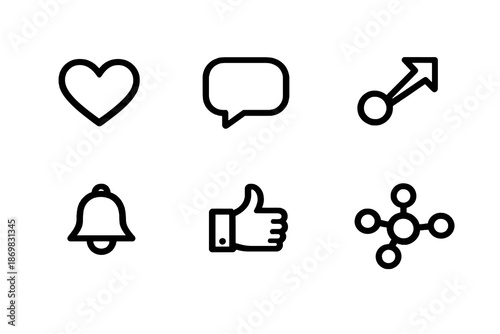 Social media icon set with likes, comments and notifications. Black flat vector icons with transparent background for UI, apps and digital platforms.