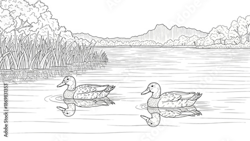 Two ducks swimming in a serene lake surrounded by lush vegetation and mountains in the distance