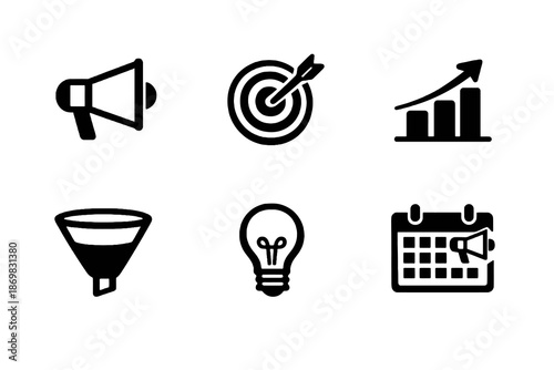 Promotion and marketing vector icon set featuring campaigns, targeting and business growth elements. Black flat icons ideal for digital marketing tools and web interfaces.