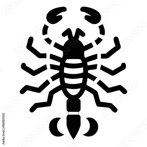 Minimalist black scorpion glyph symbol for danger, zodiac, or desert themes