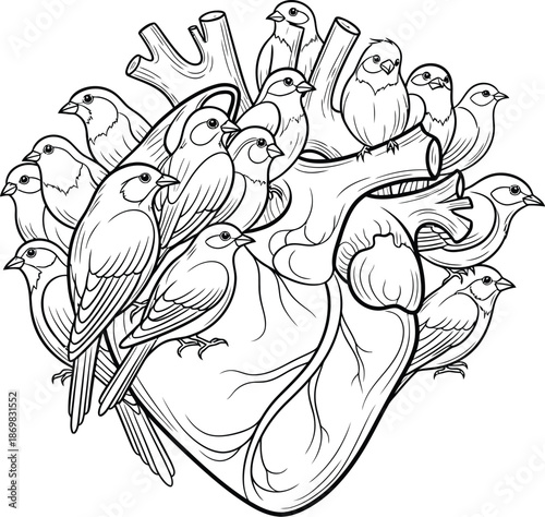 Birds perch on a human heart