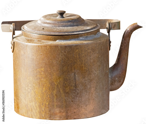 An old brass teapot on a white
