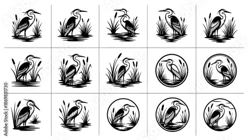 Collection of heron illustrations in various poses and environments, showcasing different artistic styles and compositions.