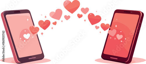 Phone Romance Illustration. Smartphone screens glowing softly as hearts float between two connected devices, modern flat vector