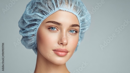 Woman wears a blue hairnet and has smooth skin while posing for the camera in a simple indoor setting during daytime