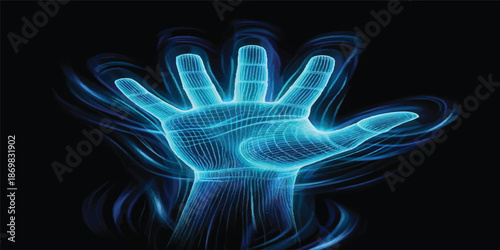 Abstract blue background with alpha channel featuring a digital motion wave of glowing fractal energy and light swirls on a black technology texture backdrop