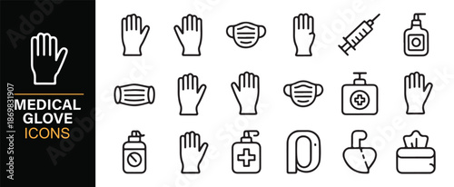 Disposable medical glove icon set in minimal outline style