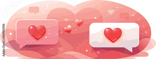 Digital Love Bubbles. Private message bubbles exchanging glowing heart signals in an intimate digital space, modern flat vector