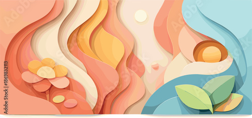 Layered Cut-Paper Art. Layered cut-paper shapes forming soft organic silhouettes with visible depth, modern flat vector