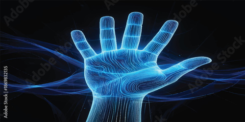 A seamless glowing blue pattern of a human hand x-ray featuring electric lightning motion and microscopic cell textures for a power-themed science design