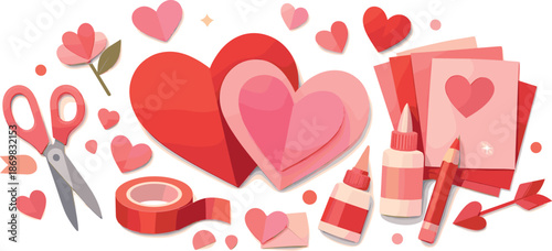 DIY Valentine Crafts. Handcrafted Valentine composition built from cut paper hearts and simple craft shapes, modern flat vector